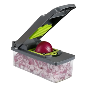 Onion chopper with chopped onion in a clear container on a white background