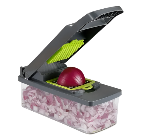 Onion chopper with chopped onion in a clear container on a white background