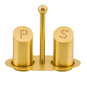Gold salt and pepper shaker set on a white background