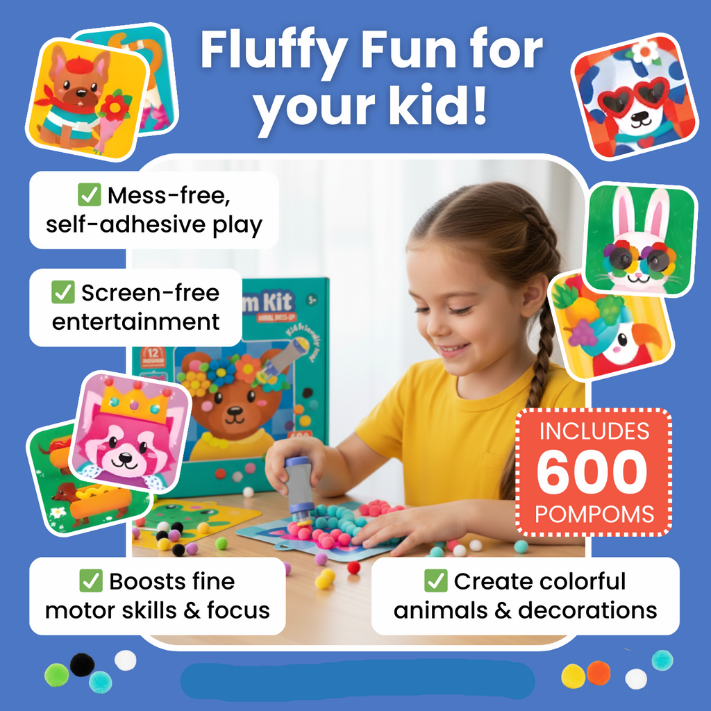 Promotional image of a child playing with colorful pom-pom toys, featuring text about the product's benefits and features.