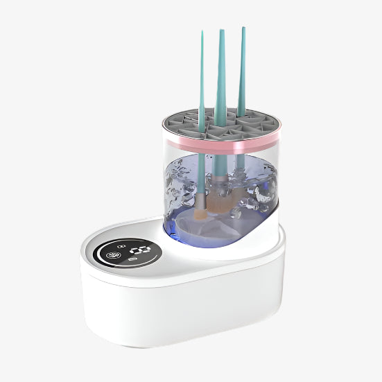 White electronic device with a transparent container holding brushes on a black background