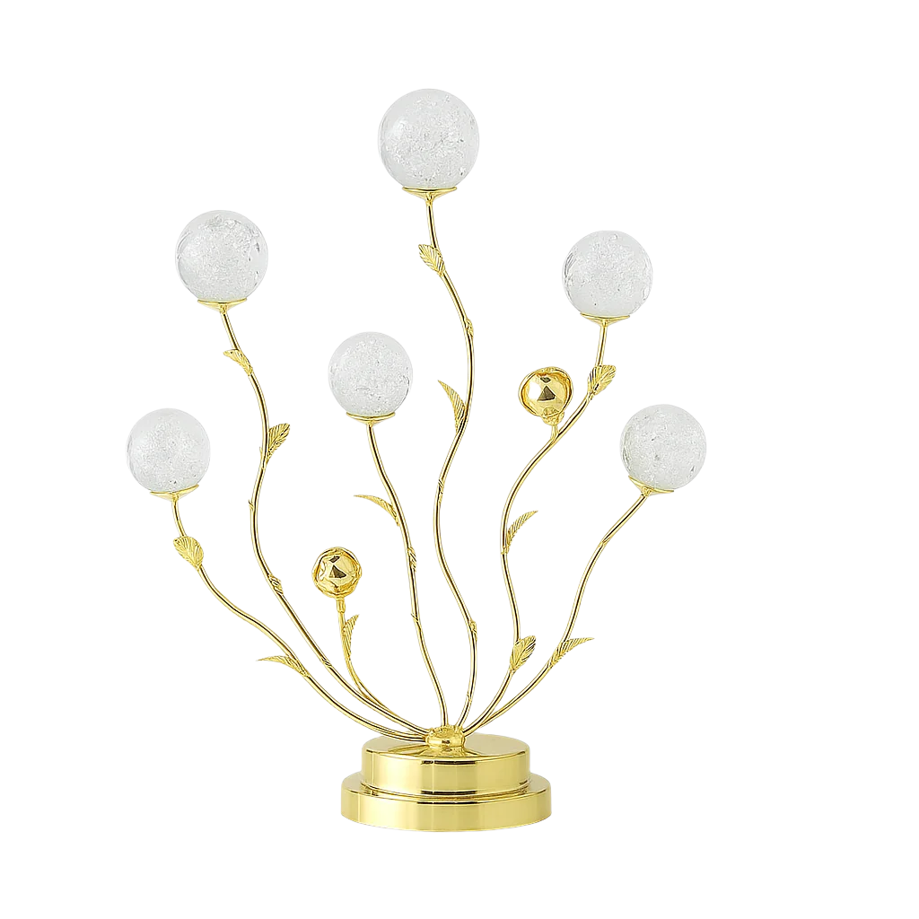 Decorative lamp with gold branches and white spherical elements on a white background