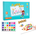 Finger painting kit with colorful stamps and a child's hand painting on paper.