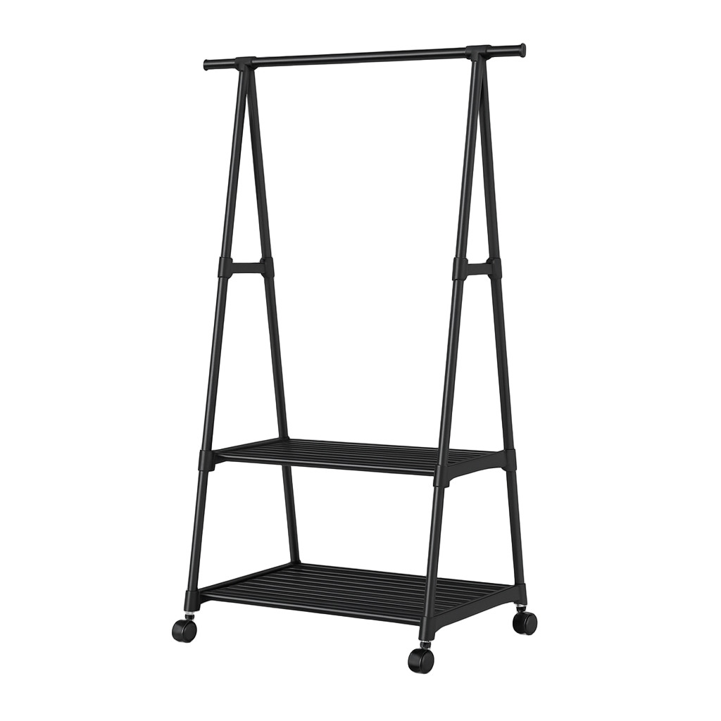 Black metal clothing rack with shelves on a white background