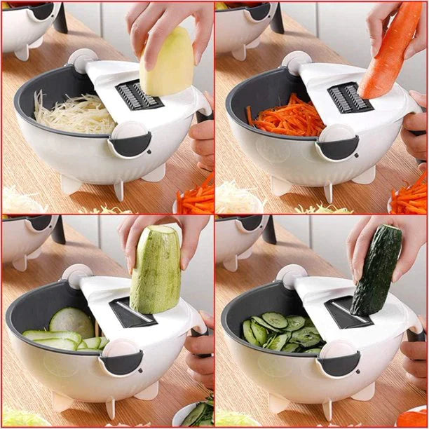 Multifunctional Vegetable Slicer showing stainless steel blades and hand guard