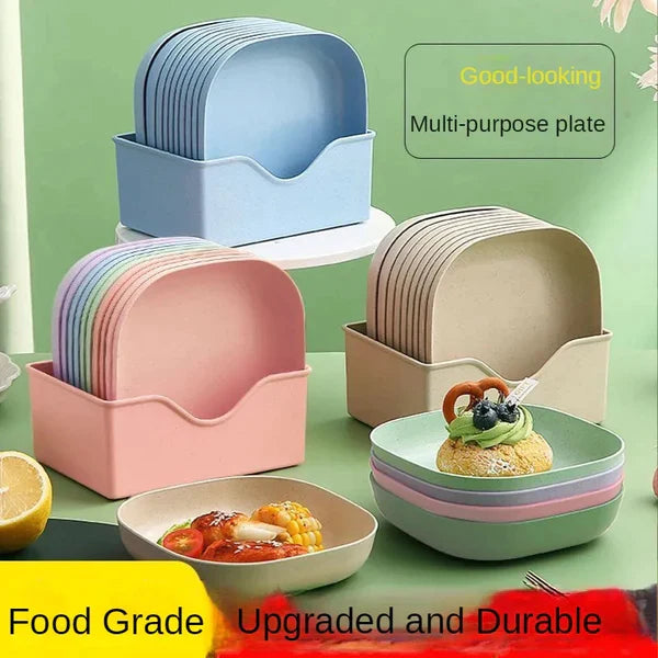  Set of 10 colorful Wolpin plastic plates with a stand for easy storage.