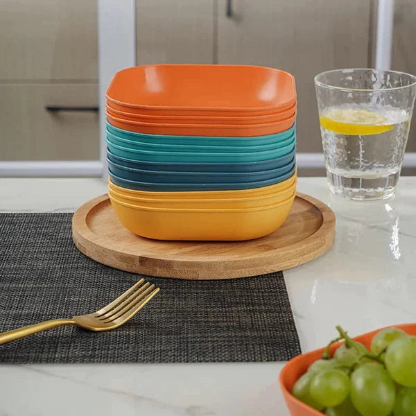 Brightly colored Wolpin breakfast plates made from food-grade PP plastic.