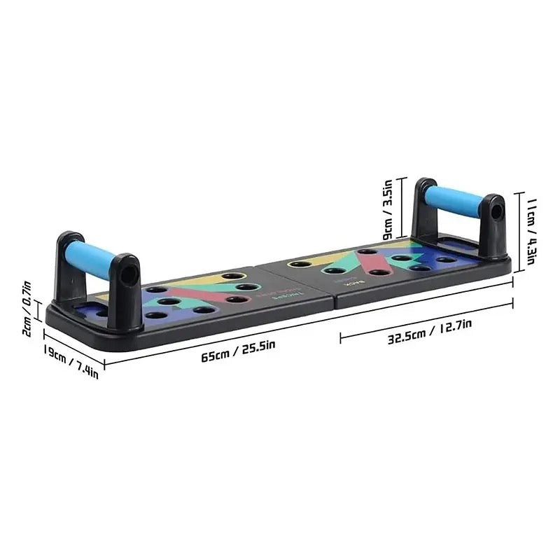 RISEFIT Push-Up Board showcasing different color sections: blue for chest, red for shoulders, yellow for back, and green for triceps.