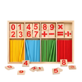 Wooden number blocks with colorful sticks and mathematical symbols in a wooden box.
