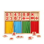 Wooden number blocks with colorful sticks and mathematical symbols in a wooden box.