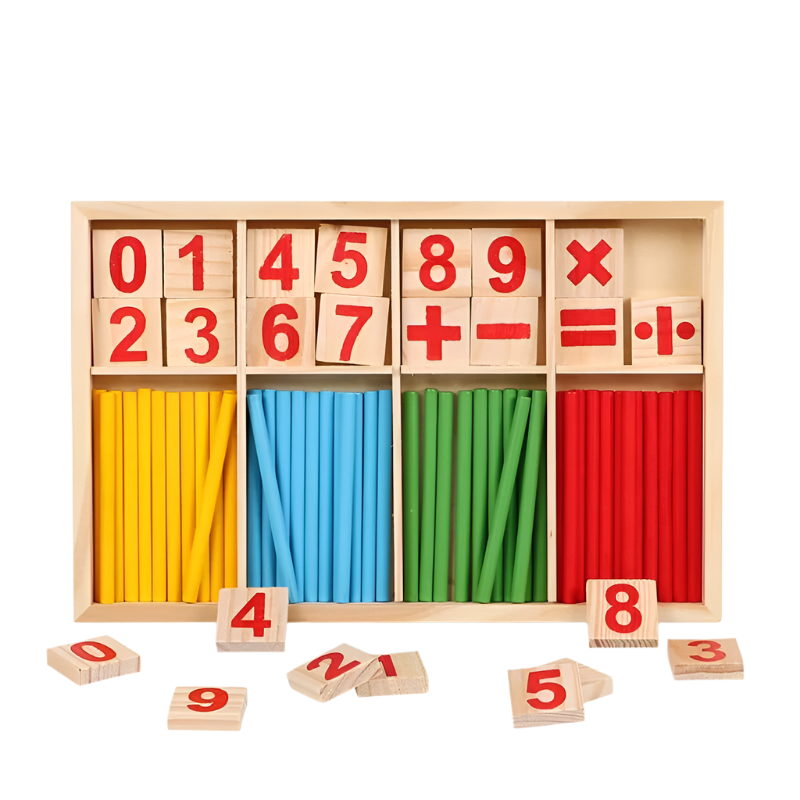 Wooden number blocks with colorful sticks and mathematical symbols in a wooden box.