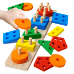 Colorful wooden geometric shapes with a child's hand interacting with them on a white background