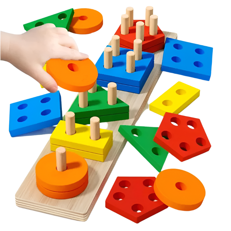 Colorful wooden geometric shapes with a child's hand interacting with them on a white background