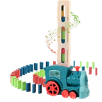 Colorful domino train set with musical notes on a white background