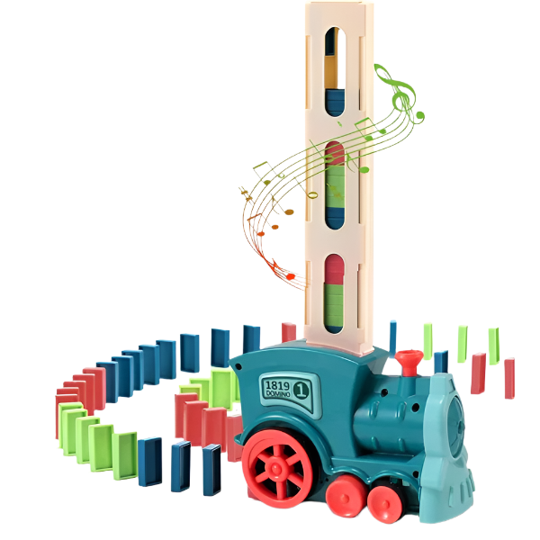 Colorful domino train set with musical notes on a white background