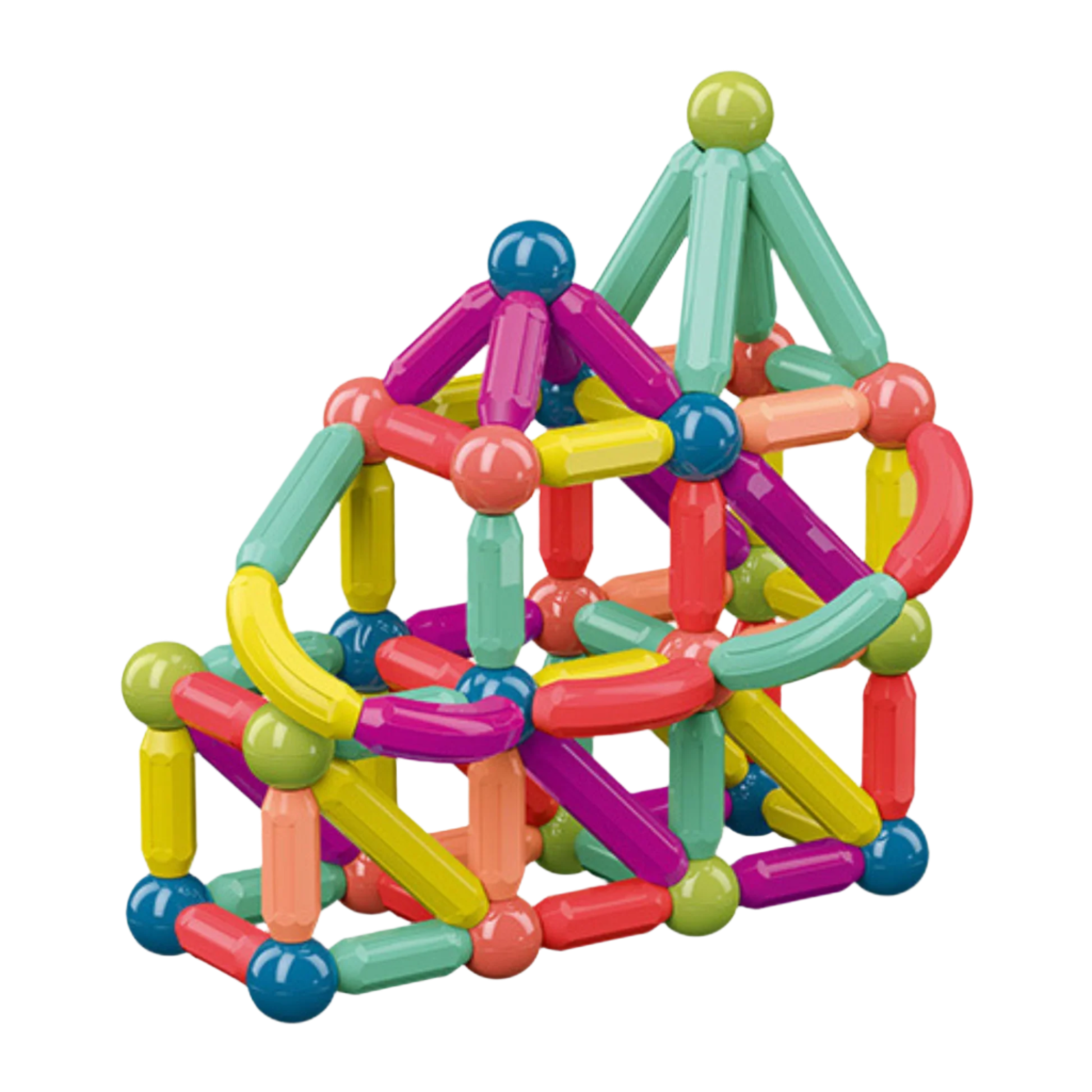 Colorful magnetic building block set on a white background