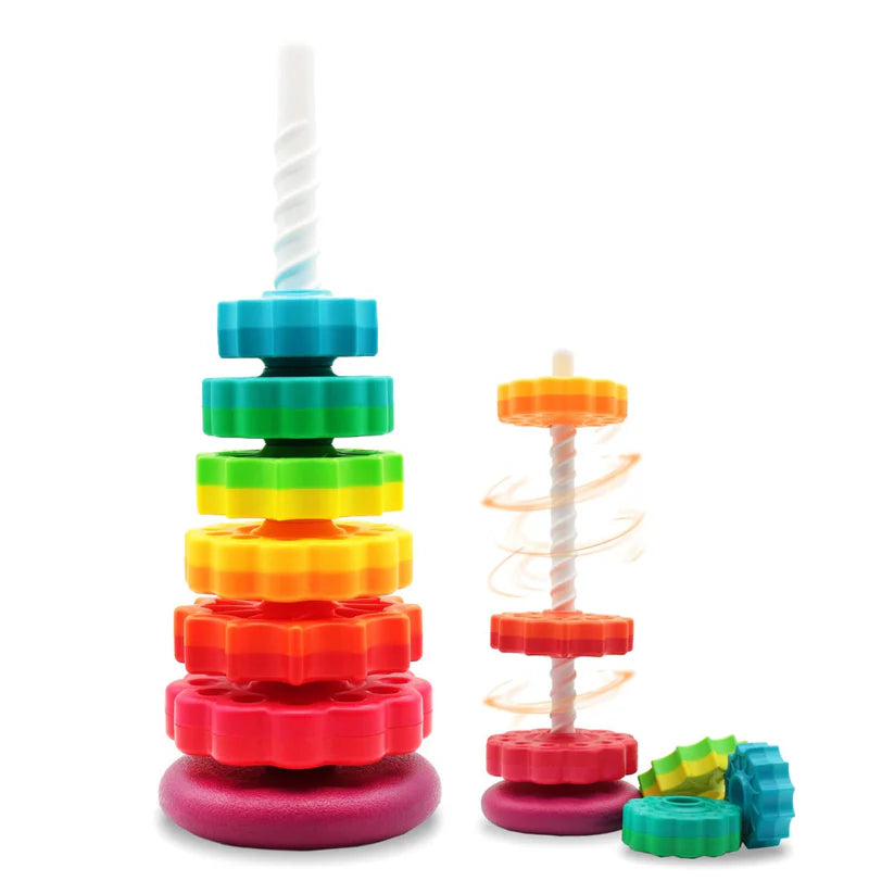 Colorful stackable toy with spiral core on a white background