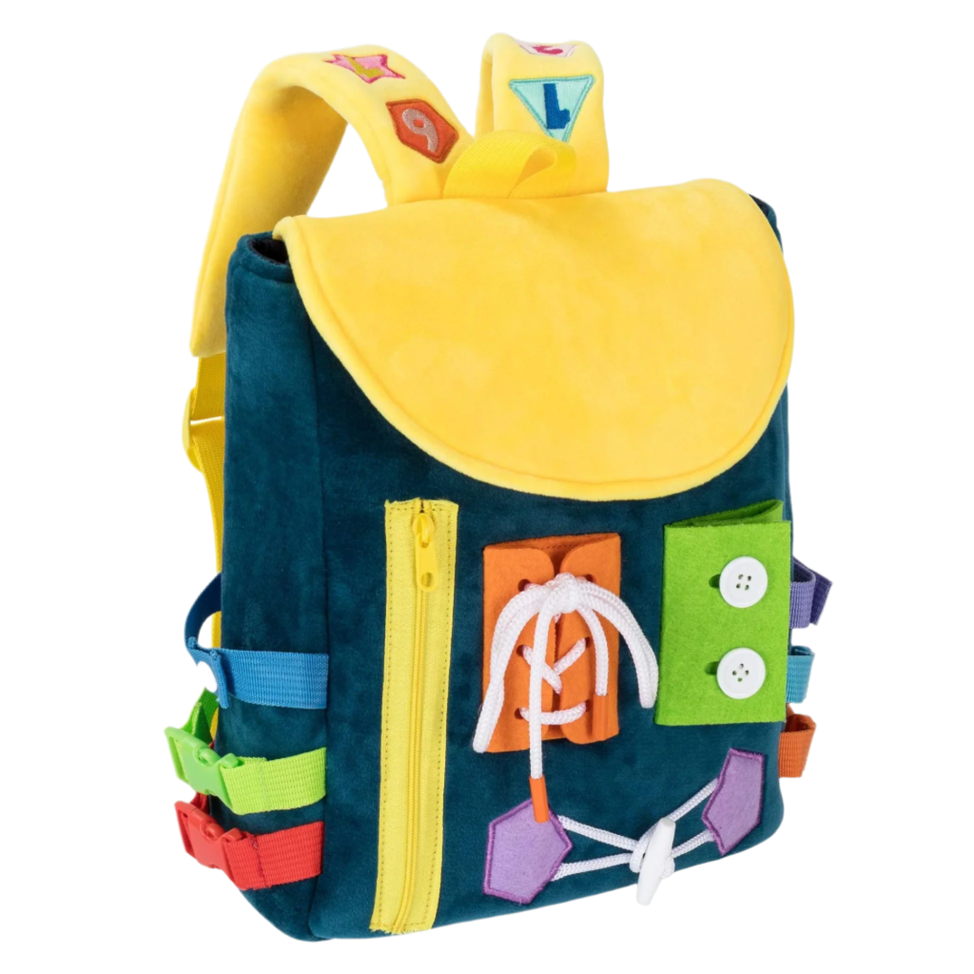 Colorful children's backpack with various compartments on a white background