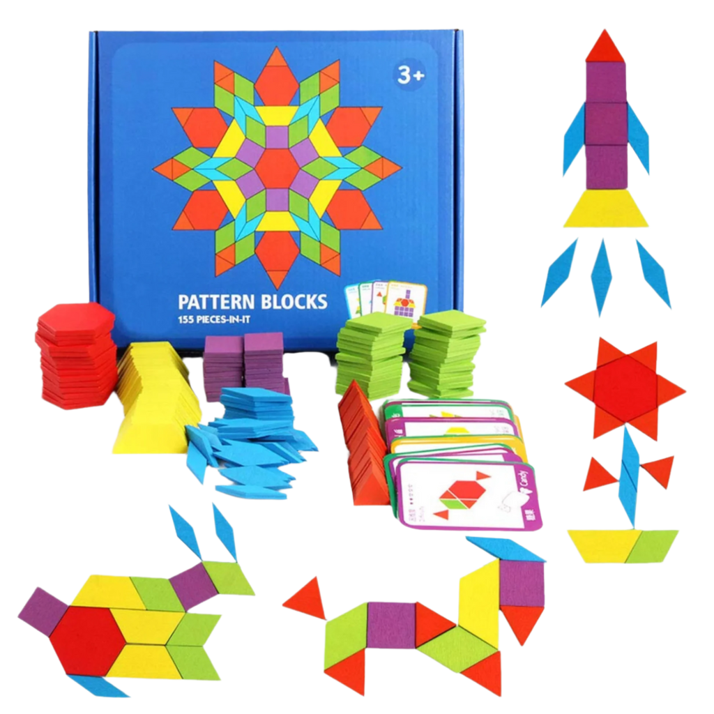 Colorful pattern blocks set with geometric shapes and cards on a white background