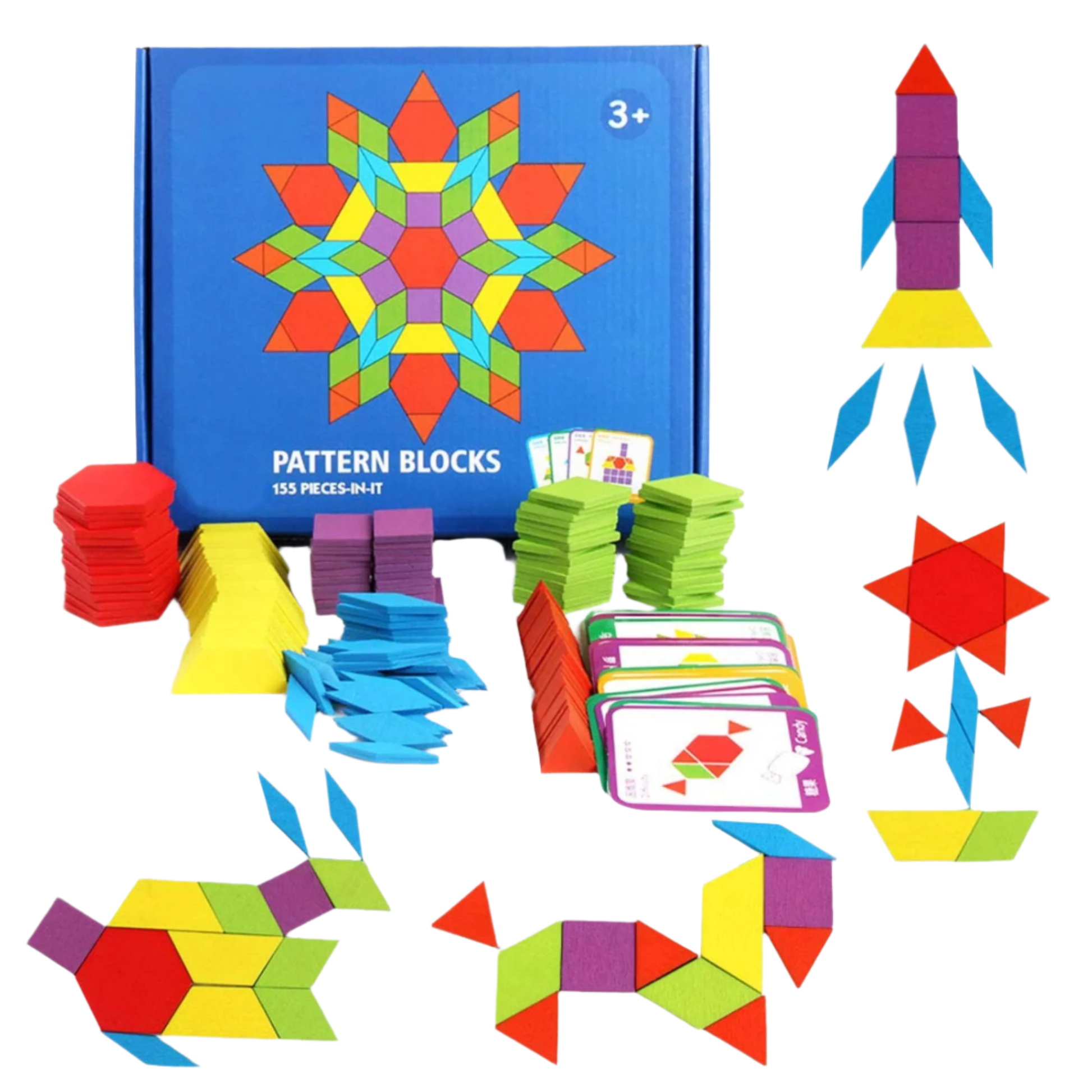 Colorful pattern blocks set with geometric shapes and cards on a white background