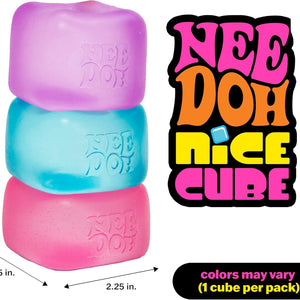 Stack of colorful 'Nee Doh' ice cubes with brand logo and product dimensions.