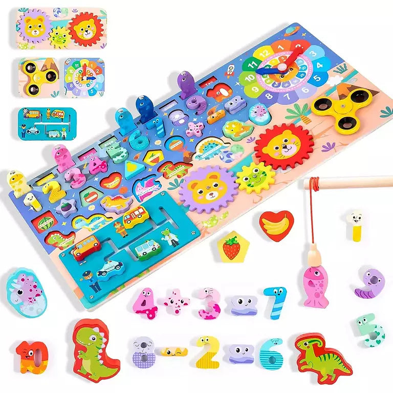 Top-down view of an 8-in-1 Montessori Logarithmic Board featuring wooden numbers, colorful rings, shape blocks, gears, puzzles, and a mini fishing game.

