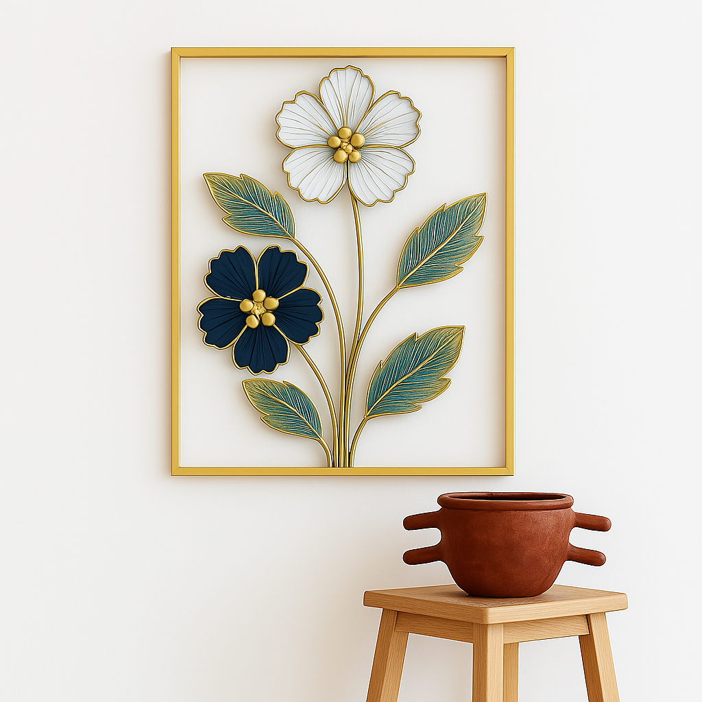 Slim rectangular gold frame featuring three metal flowers in white, black, and gold, accented by subtle green leaves.






