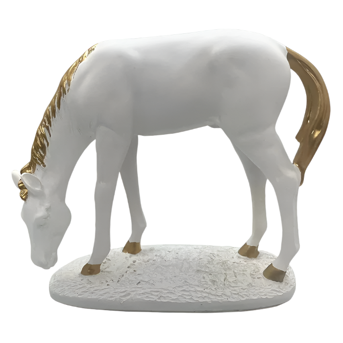 A white horse statue with gold-accented mane and tail, gracefully grazing on a textured base, perfect for elegant home or office décor.