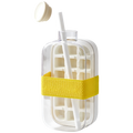 Clear water bottle with a yellow strap, white straw, and lid on a white background