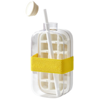 Clear water bottle with a yellow strap, white straw, and lid on a white background