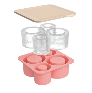 Pink silicone ice cube tray with clear plastic cups on a white background