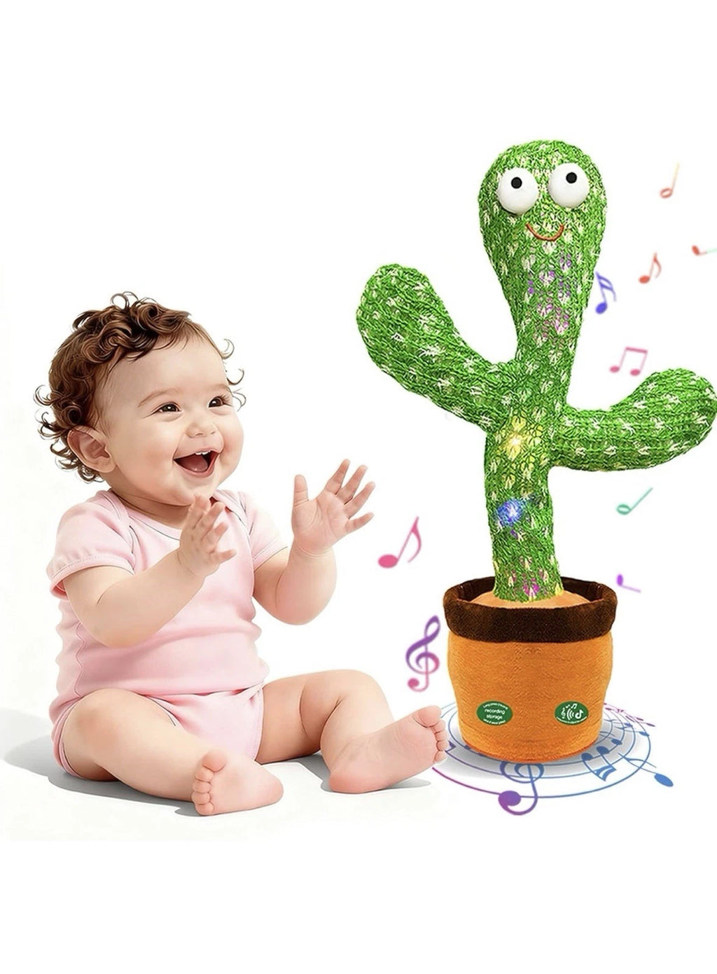 Dancing cactus toy in a pot wearing a hat, which repeats speech, plays songs and lights up as it wiggles