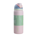 A pink Owala FreeSip water bottle with a blue screw-on lid and label featuring text and branding.