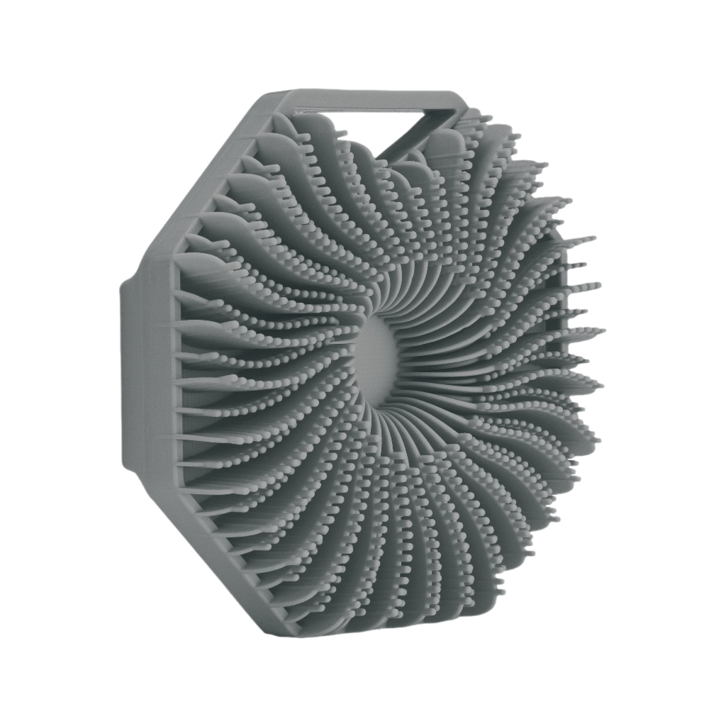 Gray scrubber with a unique design on a white background