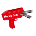Red toy money gun with money coming out on a white background
