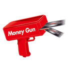 Red toy money gun with money coming out on a white background