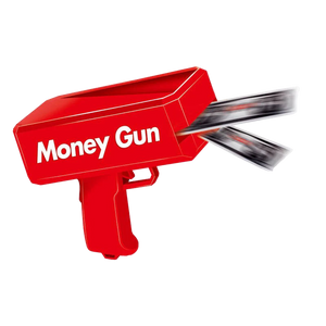 Red toy money gun with money coming out on a white background