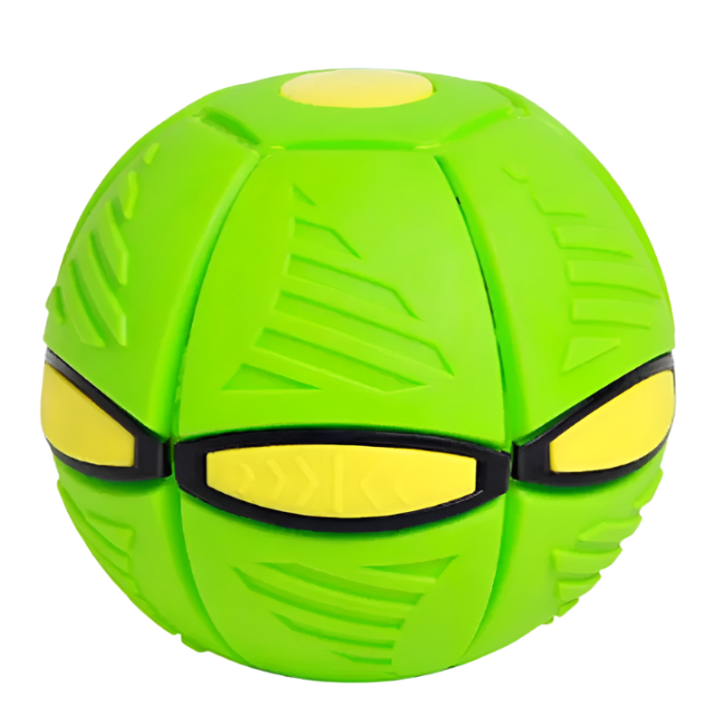 Green and yellow textured ball with eye-like openings on a white background