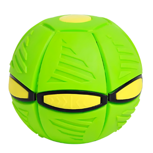 Green and yellow textured ball with eye-like openings on a white background