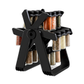 Black rotary spice rack with various spices on a white background