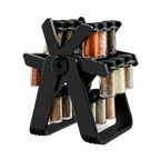 Black rotary spice rack with various spices on a white background