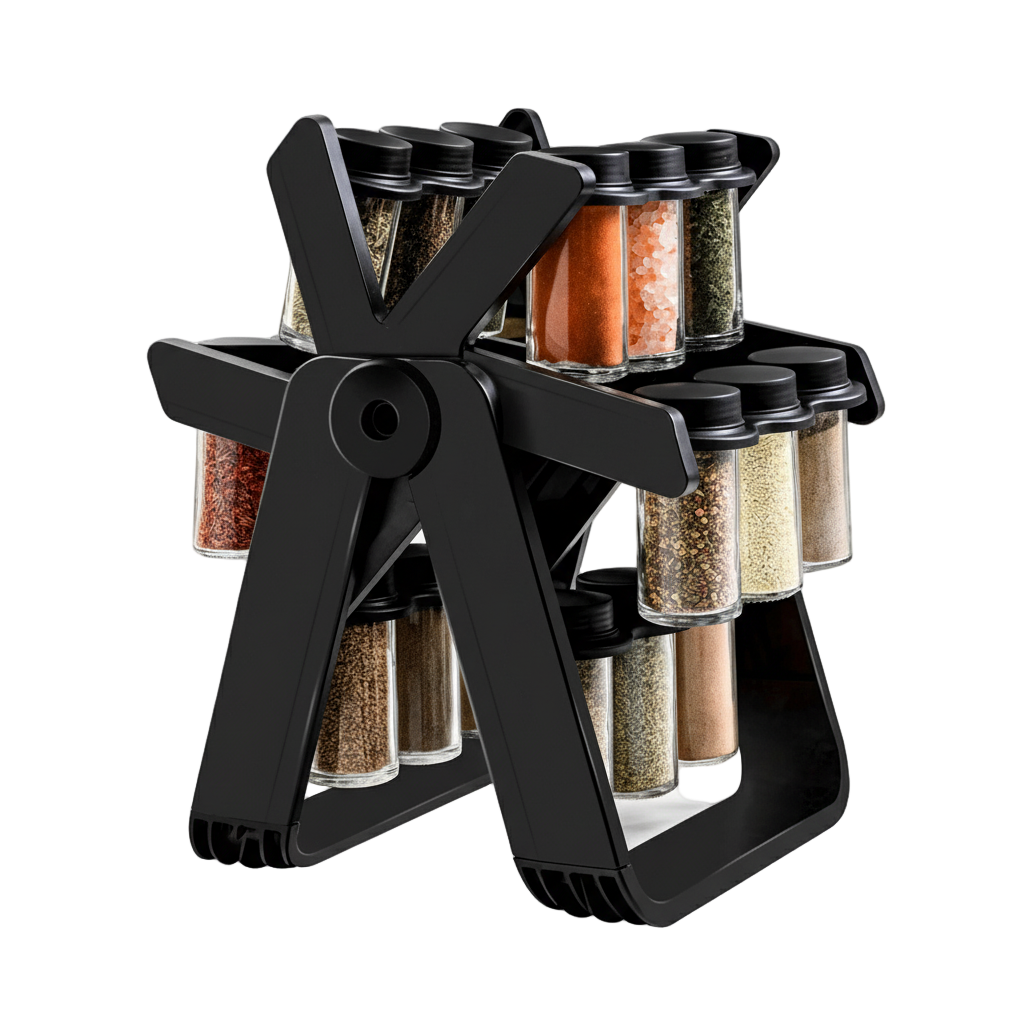 Black rotary spice rack with various spices on a white background