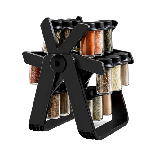 Black rotary spice rack with various spices on a white background