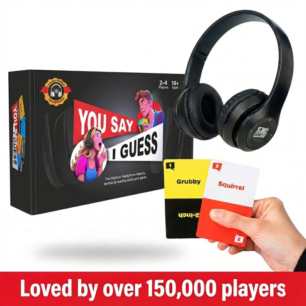 Headphones, game box, and cards with text 'You Say I Guess' and 'Loved by over 150,000 players'.