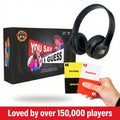 Headphones, game box, and cards with text 'You Say I Guess' and 'Loved by over 150,000 players'.