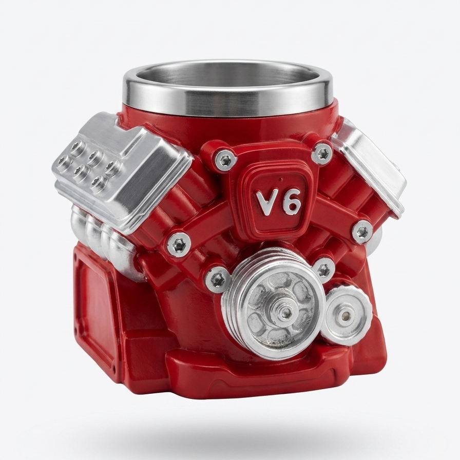 Red V6 engine model on a white background