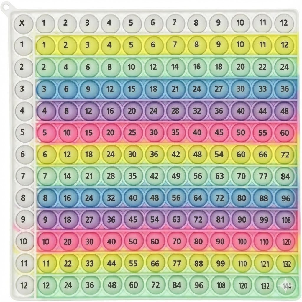 Grid of colorful buttons with numbers arranged in a multiplication table pattern.
