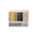 Spice rack with various colored spices on a white background
