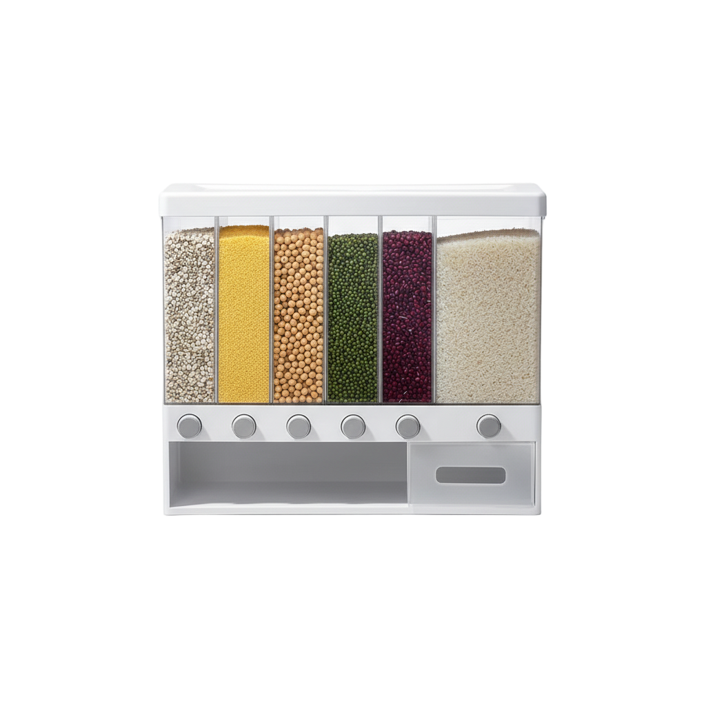 Spice rack with various colored spices on a white background