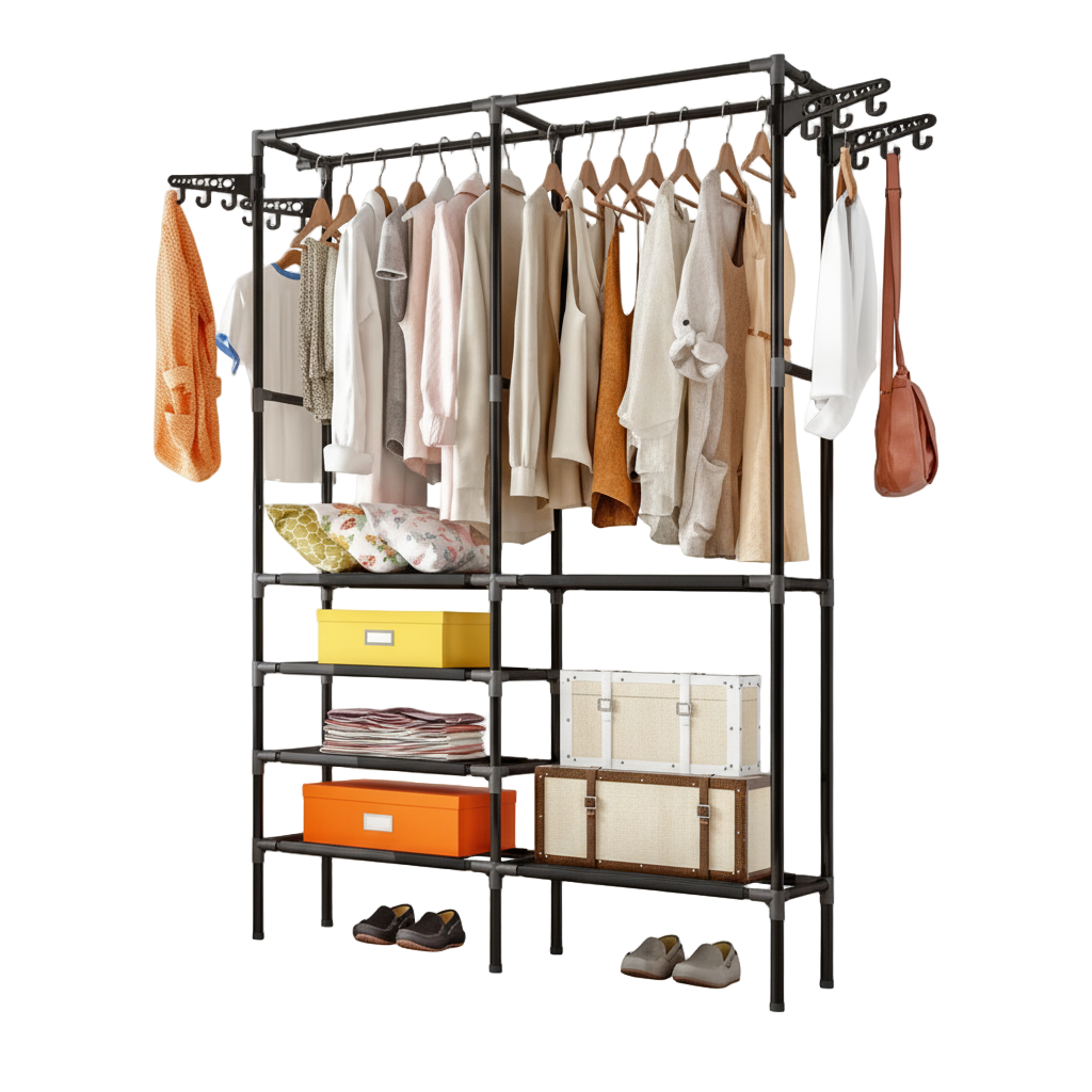 Clothing rack with clothes, shoes, and boxes on a white background